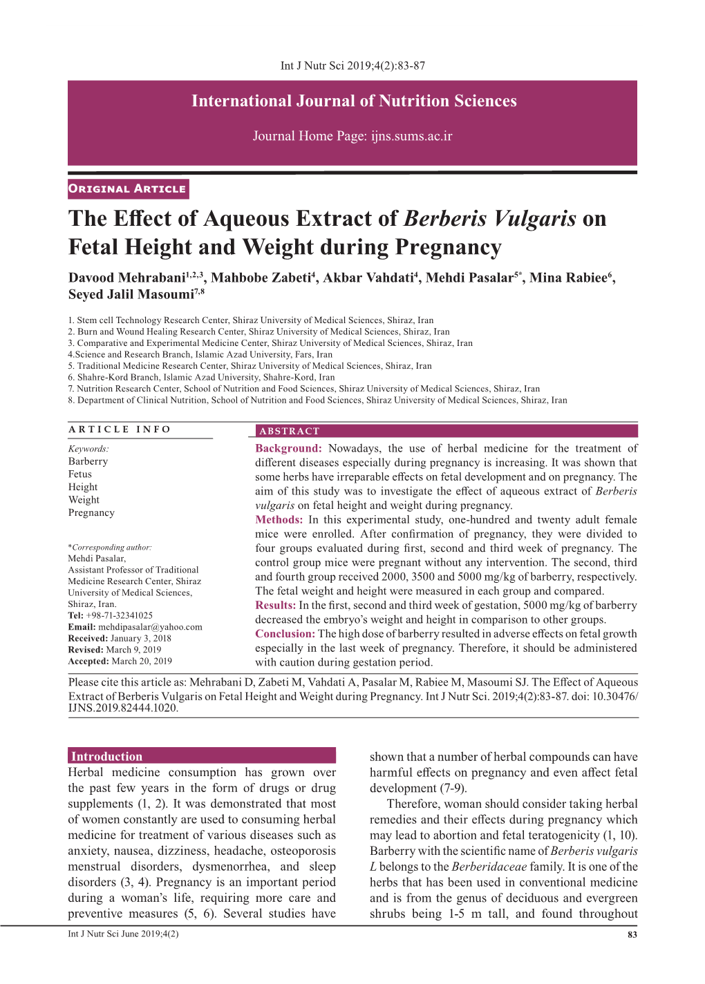 The Effect of Aqueous Extract of Berberis Vulgaris on Fetal Height