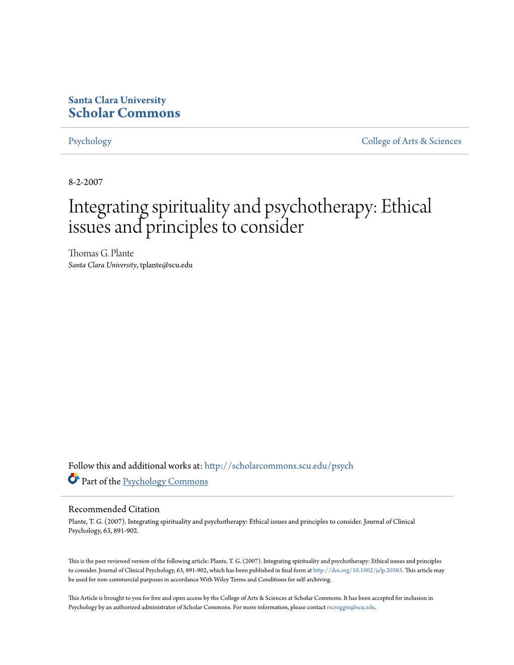 Integrating Spirituality and Psychotherapy: Ethical Issues and Principles to Consider Thomas G