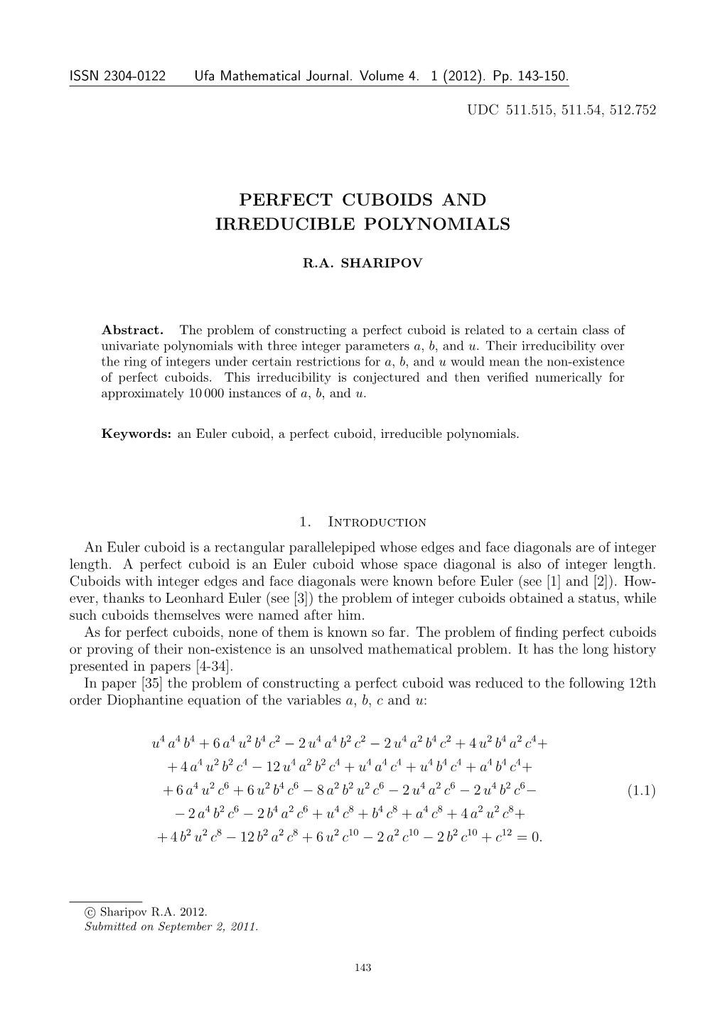 Perfect Cuboids and Irreducible Polynomials