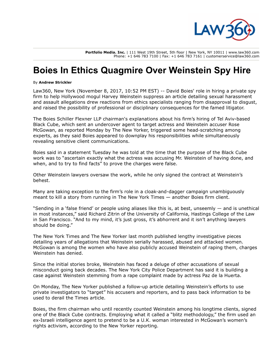 Boies in Ethics Quagmire Over Weinstein Spy Hire