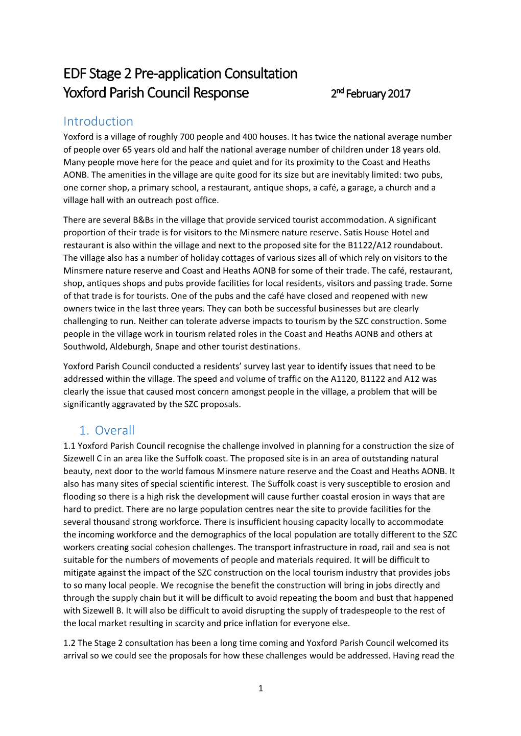 EDF Stage 2 Pre-Application Consultation Yoxford Parish Council Response 2Nd February 2017 Introduction Yoxford Is a Village of Roughly 700 People and 400 Houses