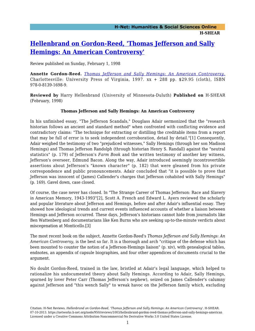 Thomas Jefferson and Sally Hemings: an American Controversy'