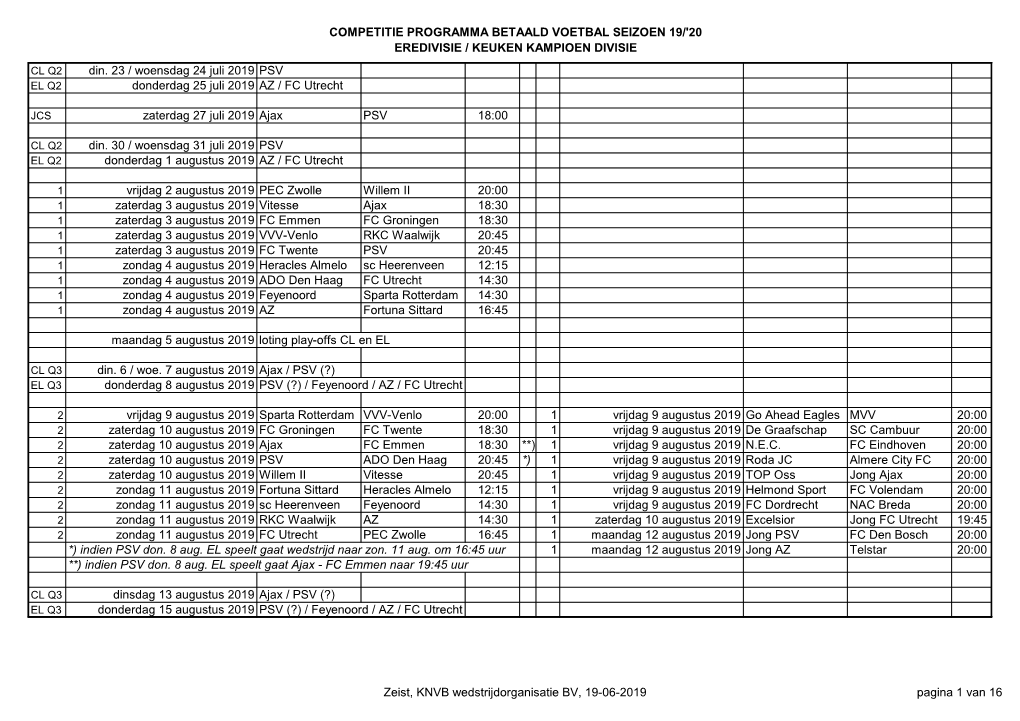 Competitie Programma Betaald Voetbal Seizoen 19/'20 Eredivisie / Keuken Kampioen Divisie