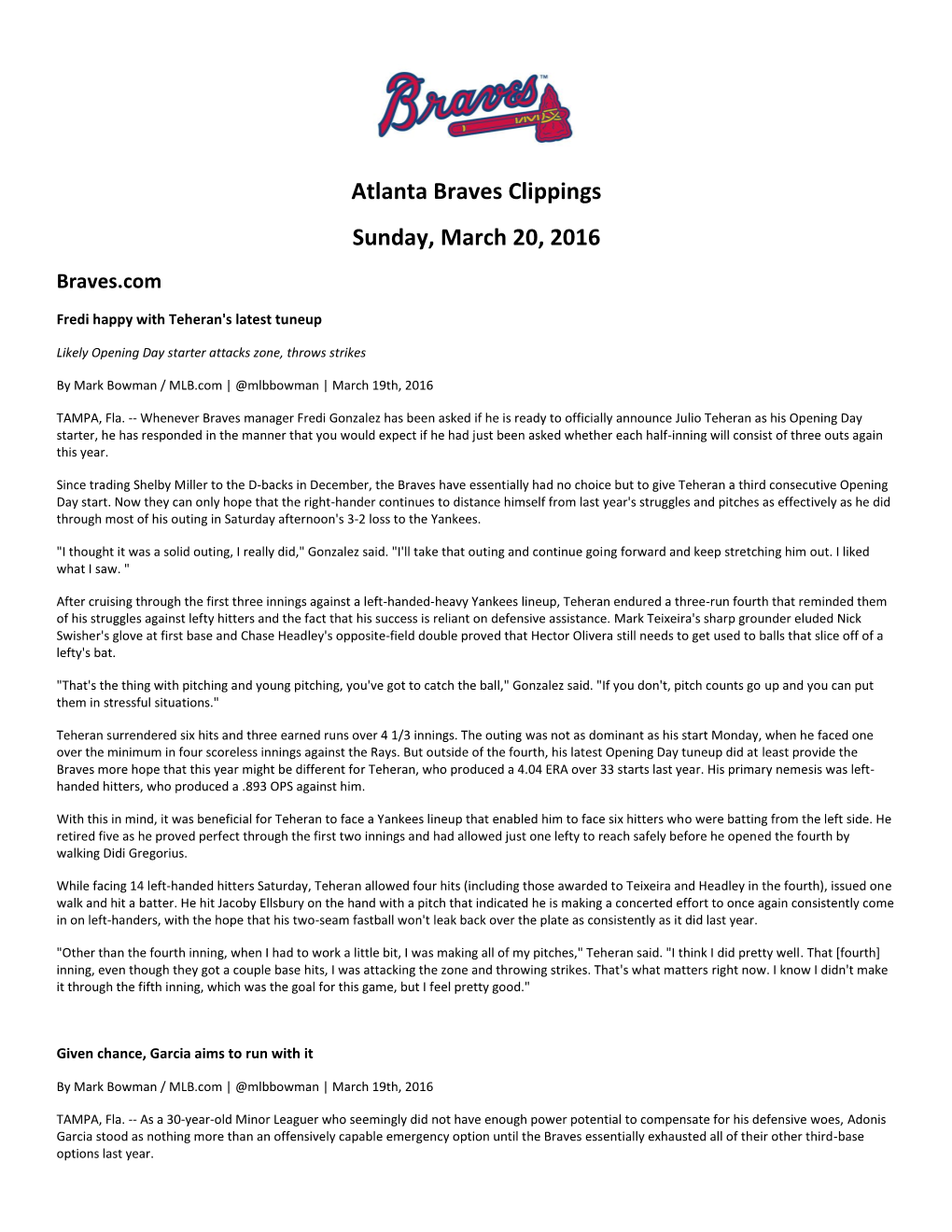 Atlanta Braves Clippings Sunday, March 20, 2016 Braves.Com