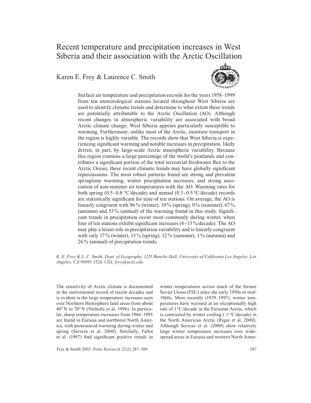 Recent Temperature and Precipitation Increases in West Siberia and Their Association with the Arctic Oscillation