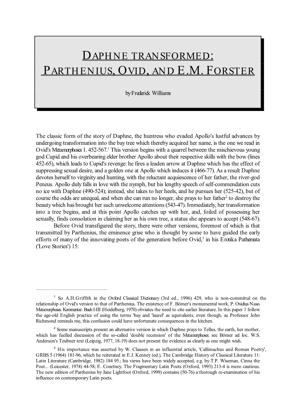 Daphne Transformed: Parthenius, Ovid, and E.M. Forster