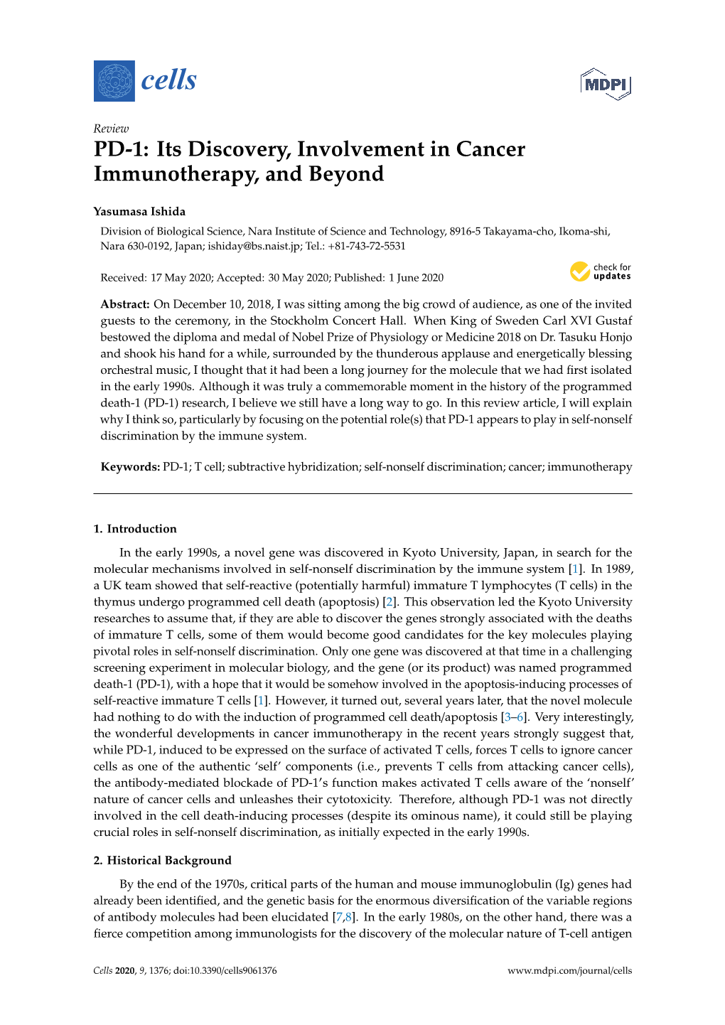 PD-1: Its Discovery, Involvement in Cancer Immunotherapy, and Beyond