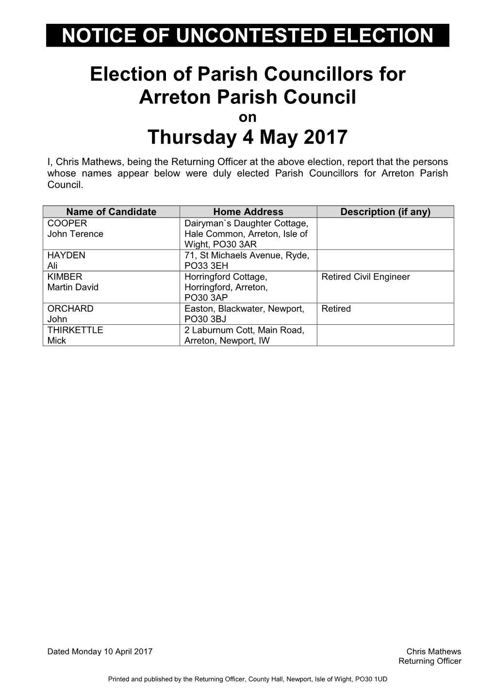 Election of Parish Councillors for Arreton Parish Council on Thursday 4 May 2017