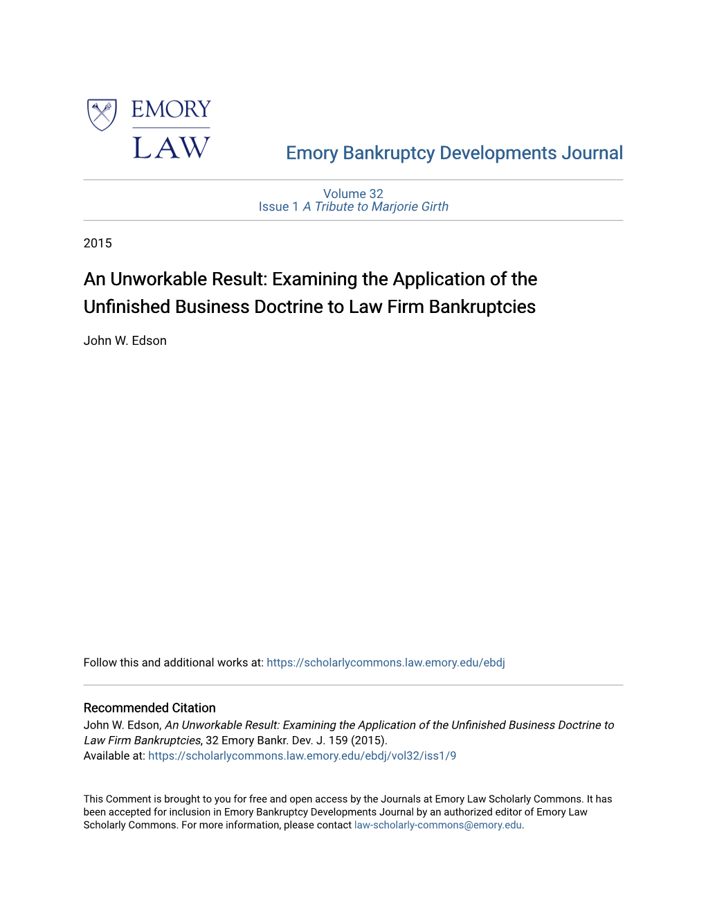 Examining the Application of the Unfinished Business Doctrine to Law Firm Bankruptcies