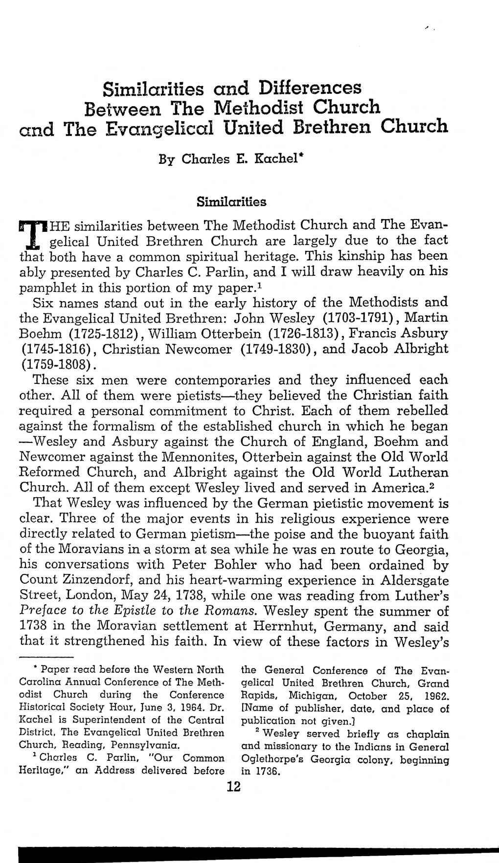 Similarities and Differences Between the Methodist Church and the Evangelical United Brethren Church by Charles E