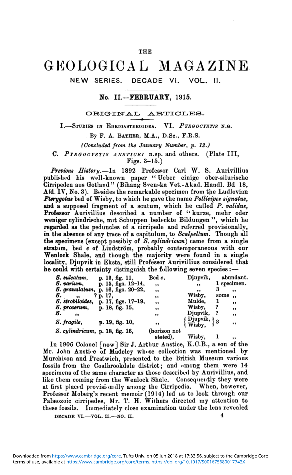 I.—Studies in Edrioasteroidea. VI. Pyrgocystis N.G