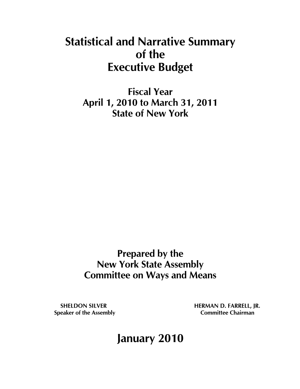 Statistical and Narrative Summary of the Executive Budget January 2010