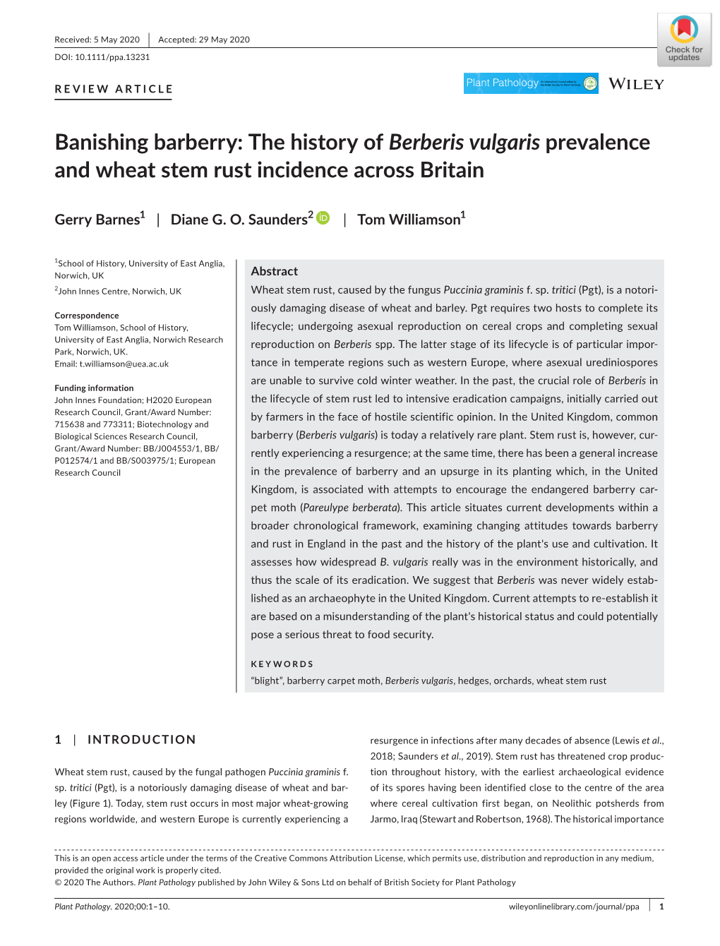 The History of Berberis Vulgaris Prevalence and Wheat Stem Rust Incidence Across Britain