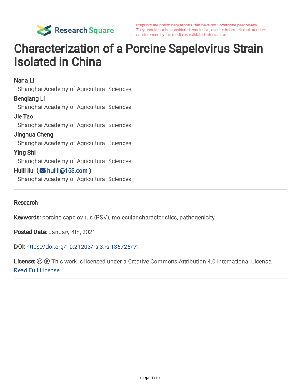 Characterization of a Porcine Sapelovirus Strain Isolated in China