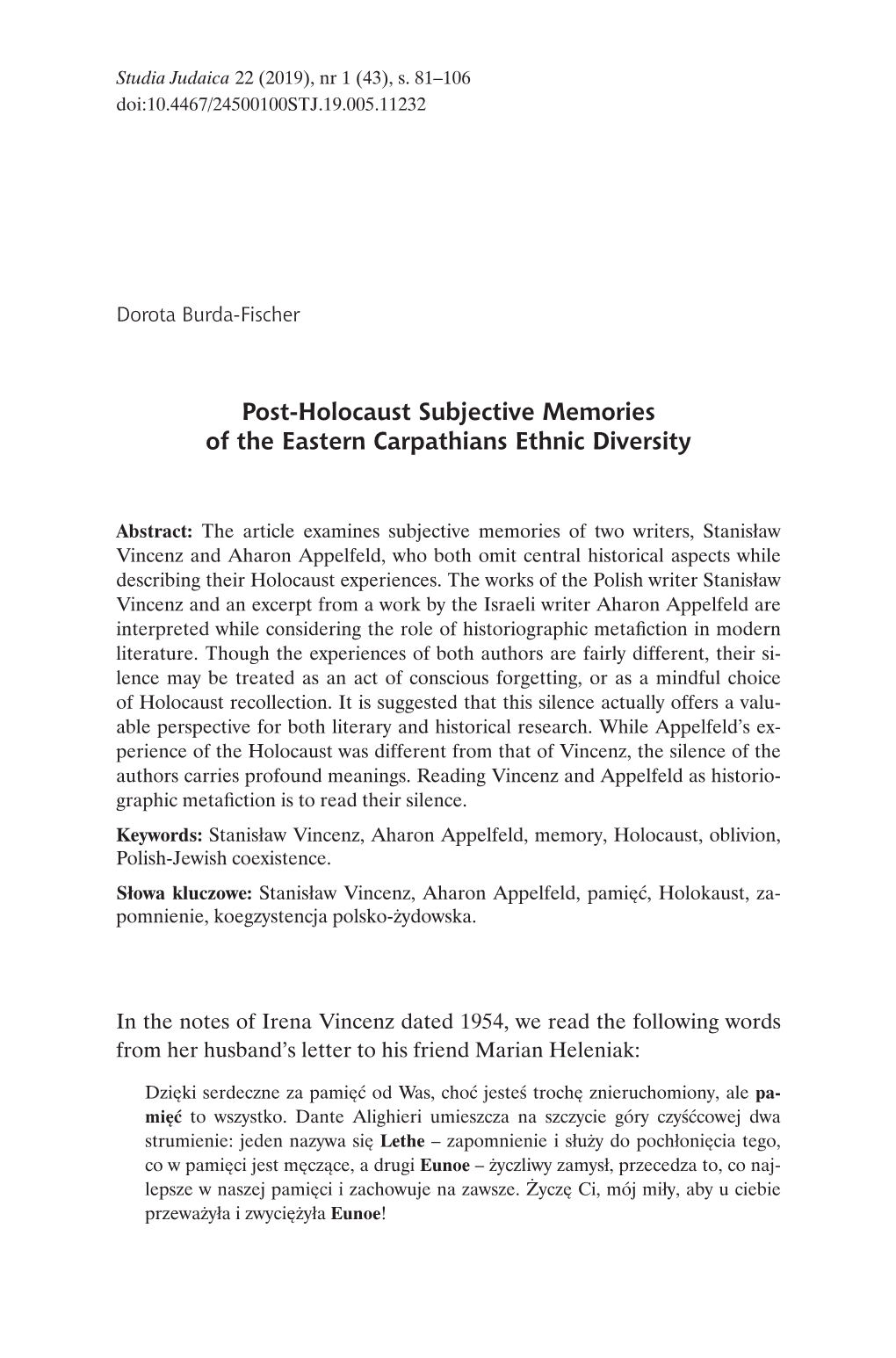 Post-Holocaust Subjective Memories of the Eastern Carpathians Ethnic Diversity