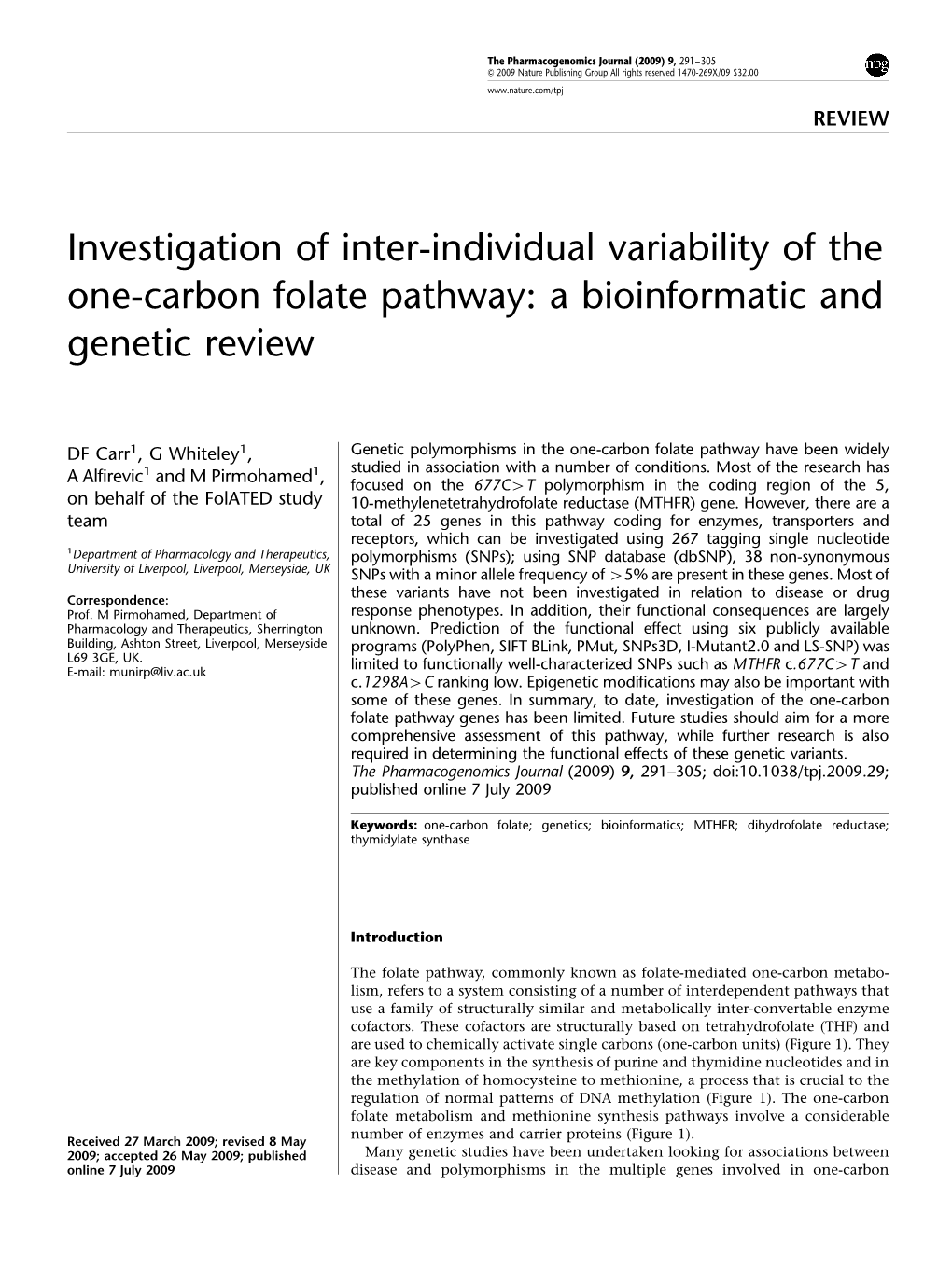 Investigation of Inter-Individual Variability of the One-Carbon Folate Pathway: a Bioinformatic and Genetic Review