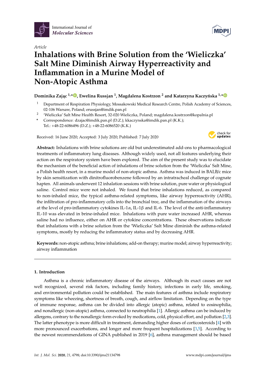 Inhalations with Brine Solution from the ‘Wieliczka’ Salt Mine Diminish Airway Hyperreactivity and Inﬂammation in a Murine Model of Non-Atopic Asthma