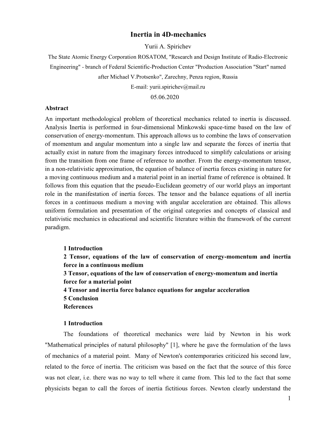 Inertia in 4D-Mechanics Yurii A