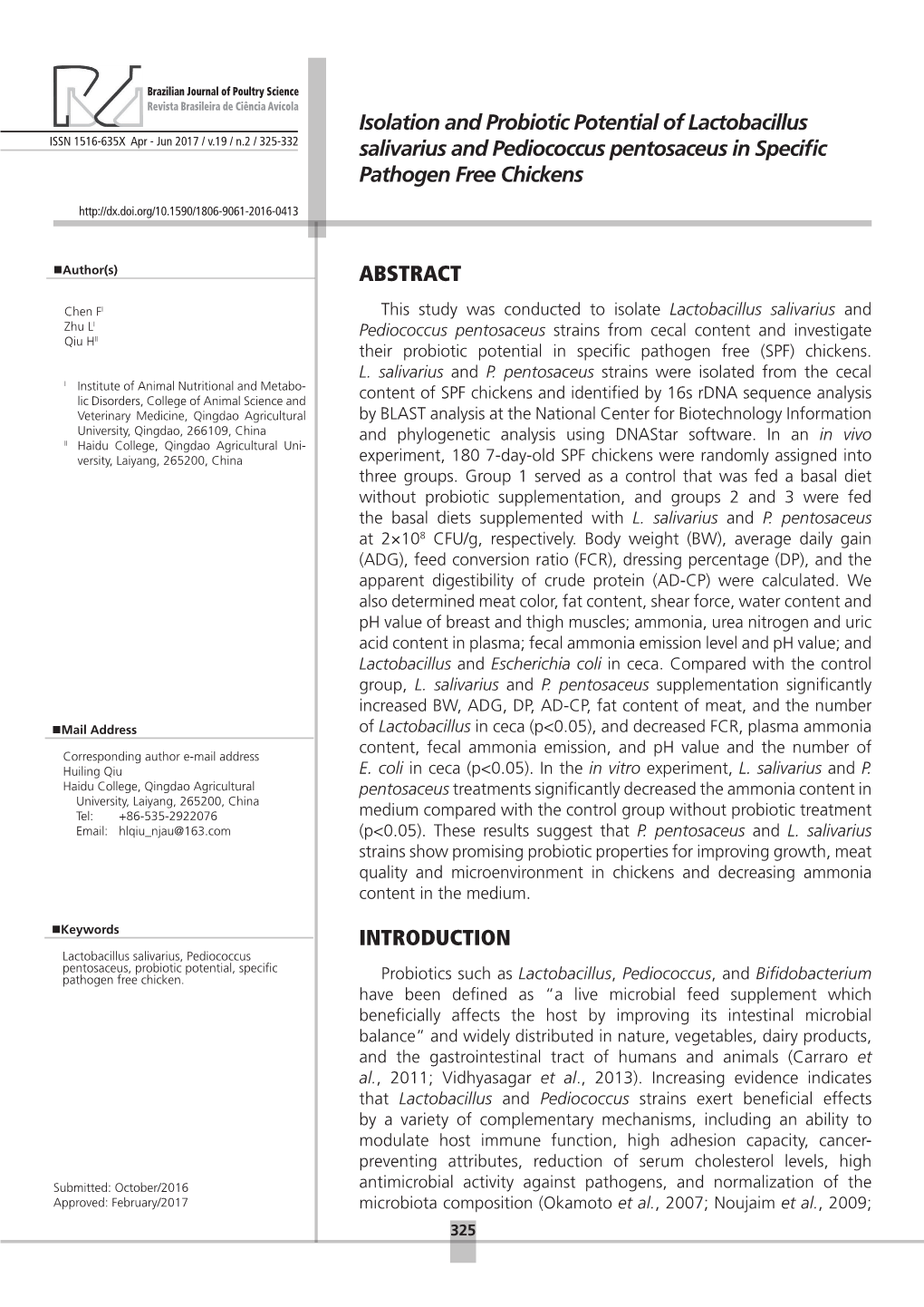 Isolation and Probiotic Potential of Lactobacillus Salivarius and Pediococcus Pentosaceus in Specific Pathogen Free Chickens