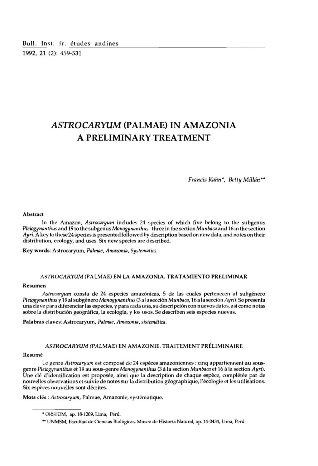 Astrocaryum (Palmae) in Amazonia a Preliminary Treatment