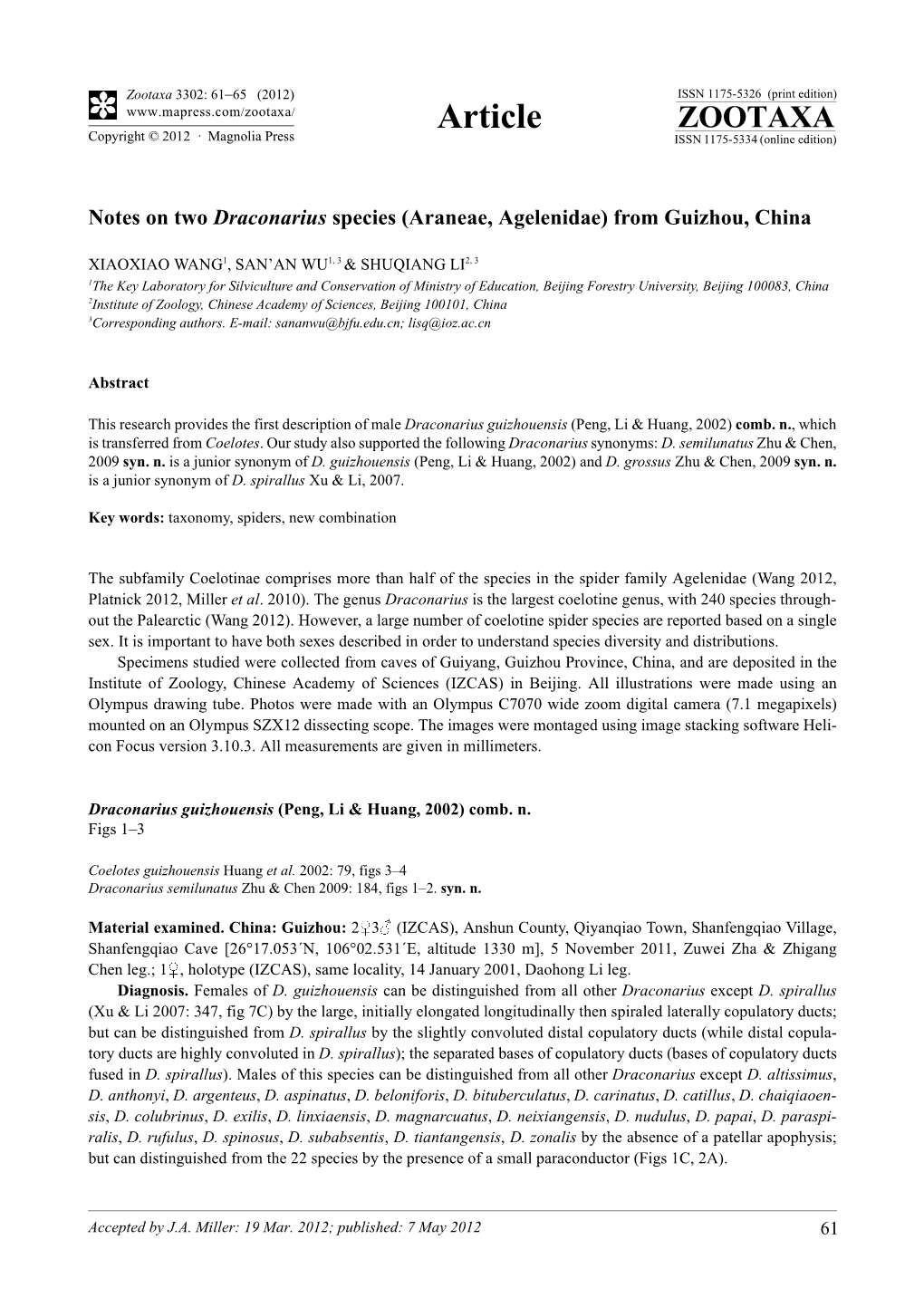 Notes on Two Draconarius Species (Araneae, Agelenidae) from Guizhou, China