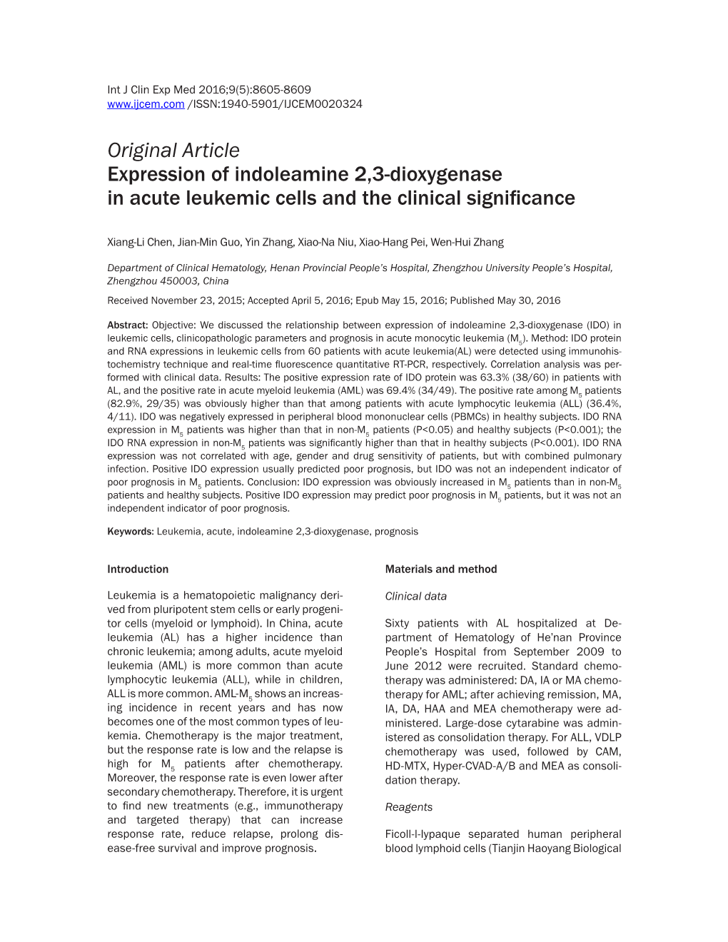 Original Article Expression of Indoleamine 2,3-Dioxygenase in Acute Leukemic Cells and the Clinical Significance