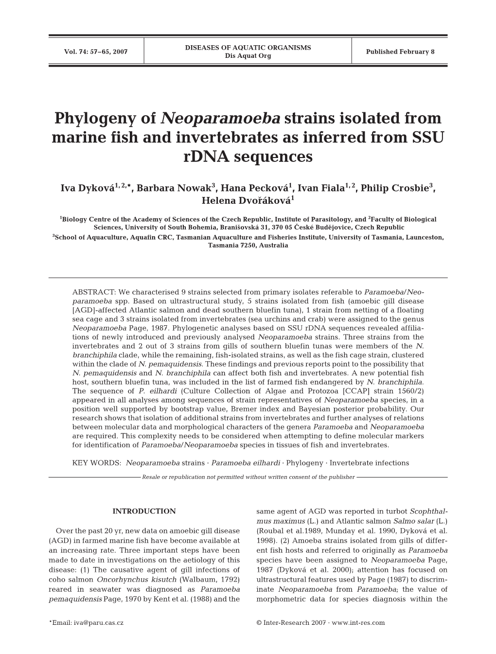 Phylogeny of Neoparamoeba Strains Isolated from Marine Fish and Invertebrates As Inferred from SSU Rdna Sequences