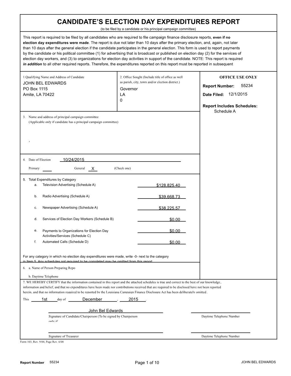 Candidate's Election Day Expenditures Report