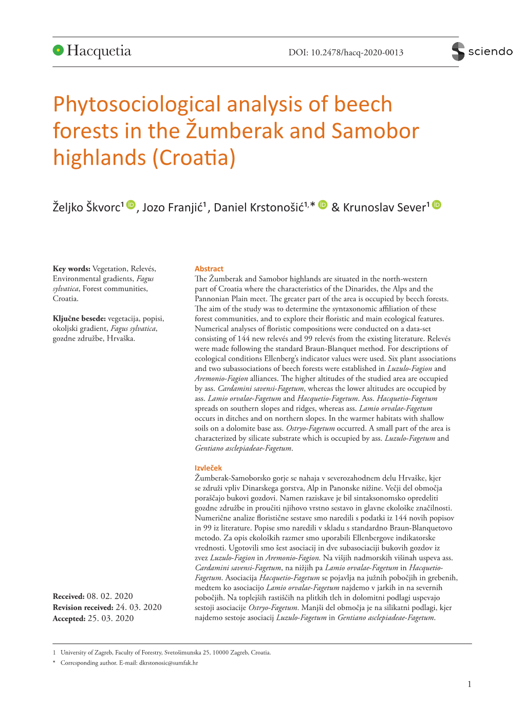 Phytosociological Analysis of Beech Forests in the Žumberak and Samobor Highlands (Croatia)