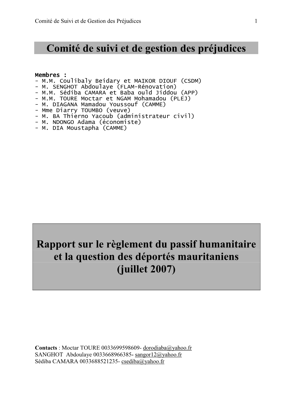 Comité De Suivi Et De Gestion Des Préjudices Rapport Sur Le Règlement