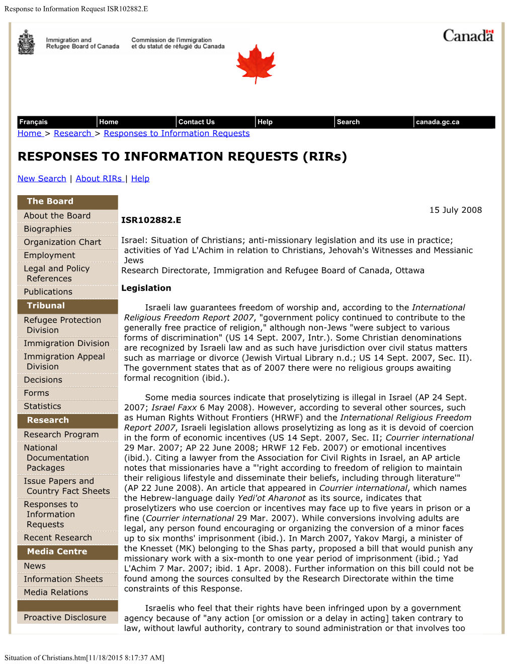 RESPONSES to INFORMATION REQUESTS (Rirs)