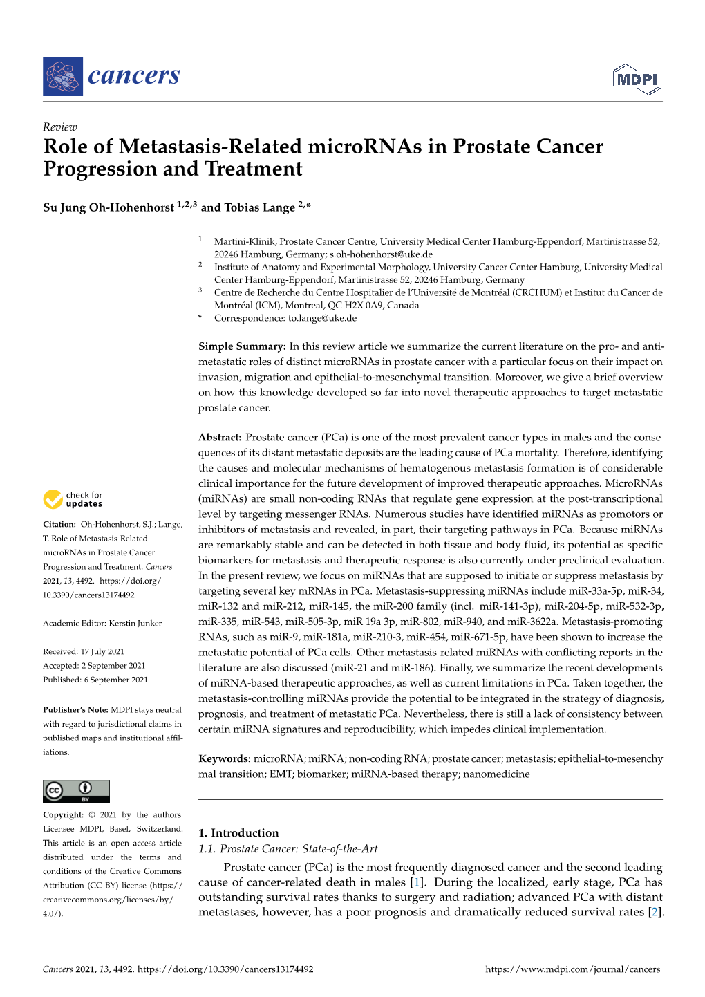 Role of Metastasis-Related Micrornas in Prostate Cancer Progression and Treatment