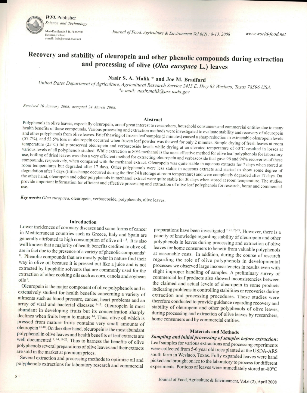 Recovery and Stability of Oleuropein and Other Phenolic Compounds During Extraction and Processing of Olive (Olea Europaea L.) Leaves