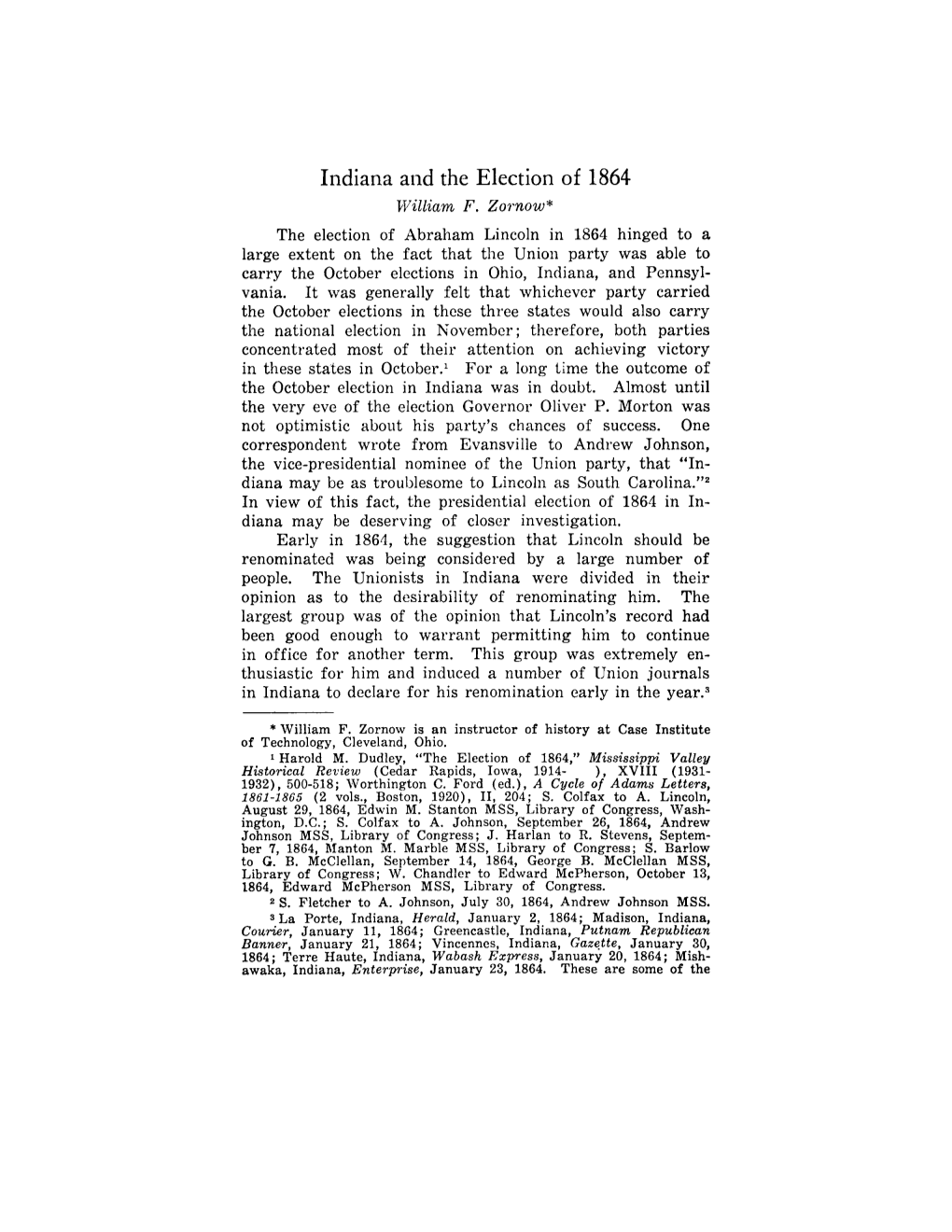 Indiana and the Election of 1864 William F