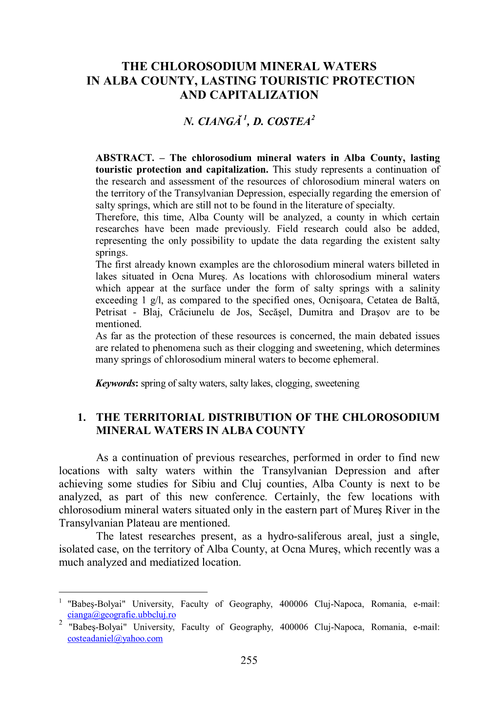 The Chlorosodium Mineral Waters in Alba County, Lasting Touristic Protection and Capitalization