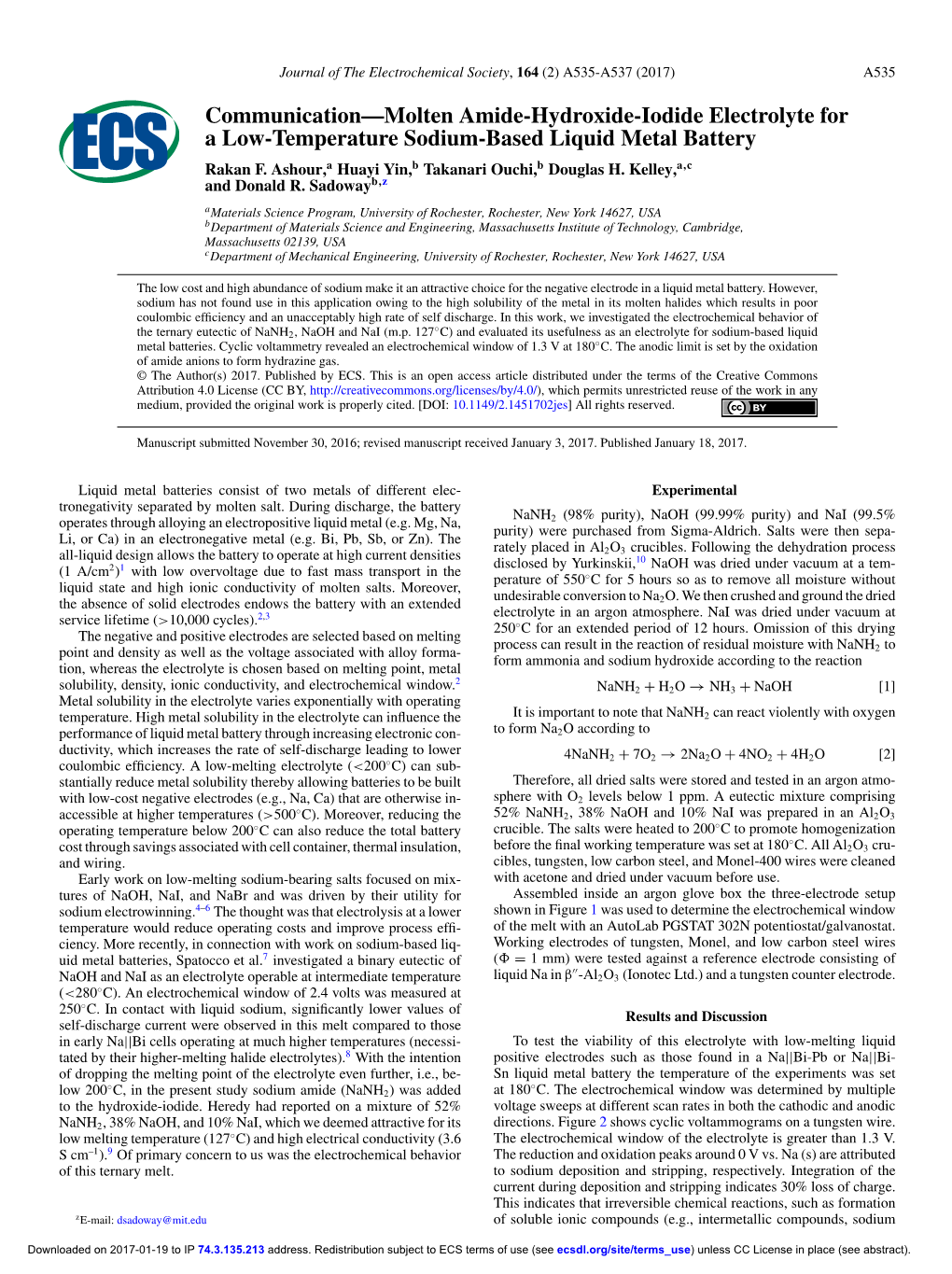 Communication—Molten Amide-Hydroxide-Iodide Electrolyte for a Low-Temperature Sodium-Based Liquid Metal Battery Rakan F