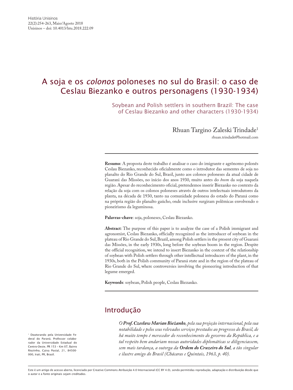 A Soja E Os Colonos Poloneses No Sul Do Brasil: O Caso De Ceslau Biezanko E Outros Personagens (1930-1934)