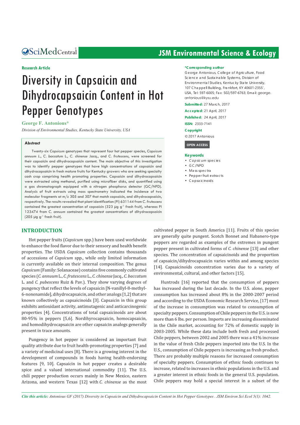 Diversity in Capsaicin and Dihydrocapsaicin Content in Hot Pepper Genotypes