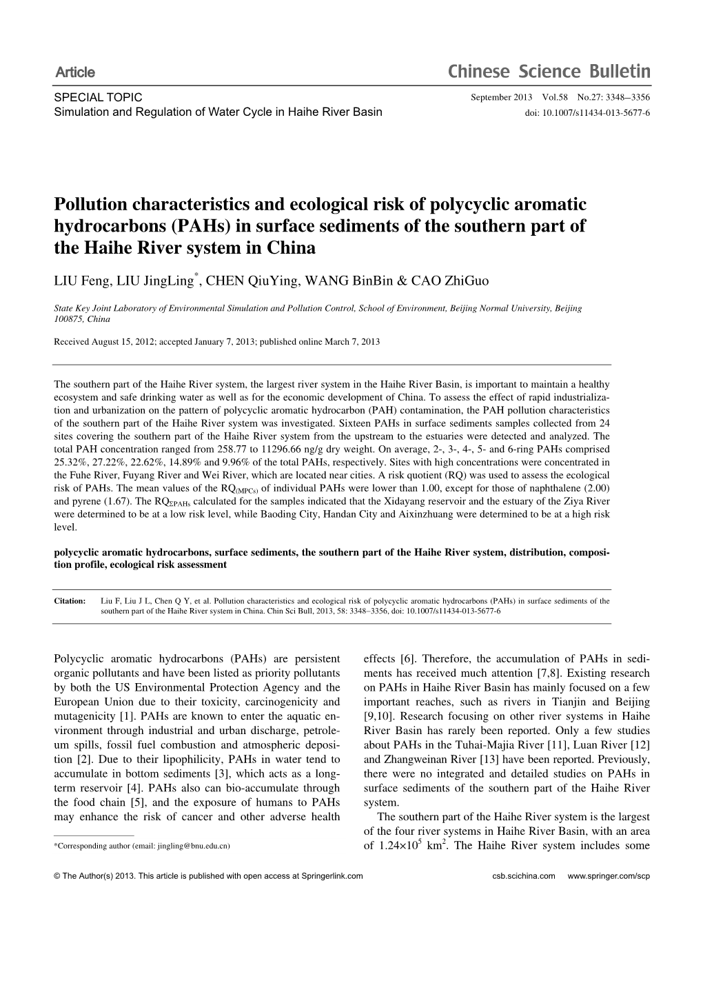 Pollution Characteristics and Ecological Risk of Polycyclic Aromatic Hydrocarbons (Pahs) in Surface Sediments of the Southern Part of the Haihe River System in China