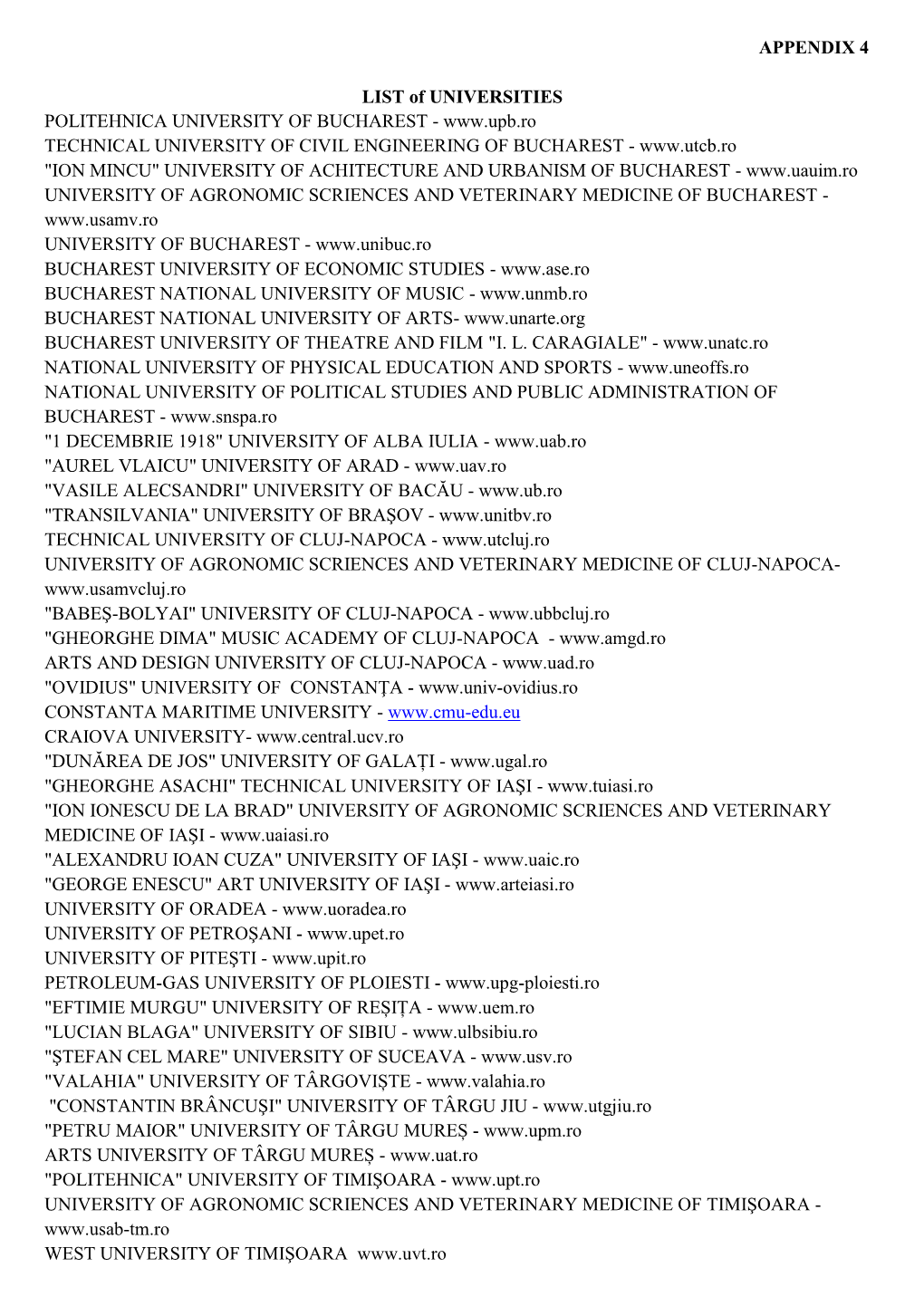 APPENDIX 4 LIST of UNIVERSITIES POLITEHNICA UNIVERSITY OF