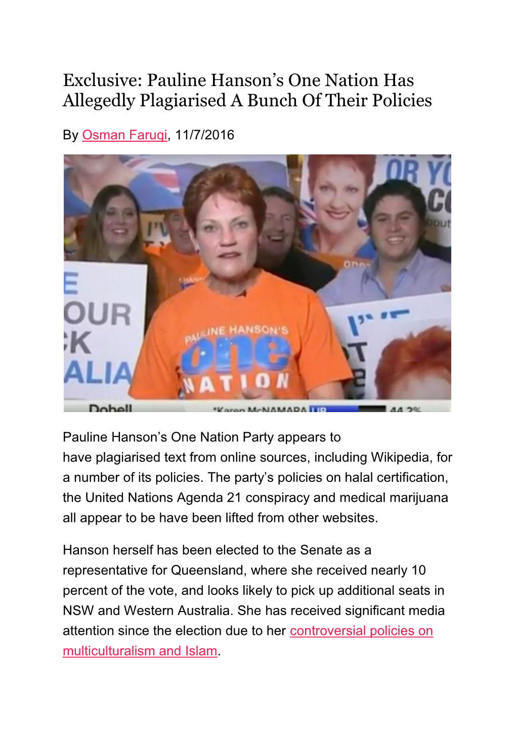 Pauline Hanson's One Nation Has Allegedly Plagiarised a Bunch Of