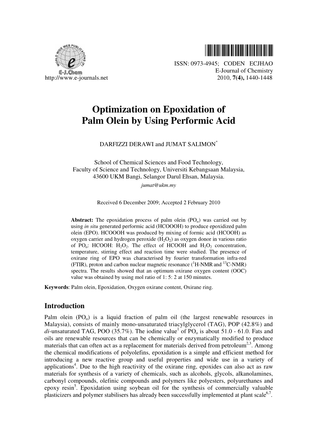 Optimization on Epoxidation of Palm Olein by Using Performic Acid