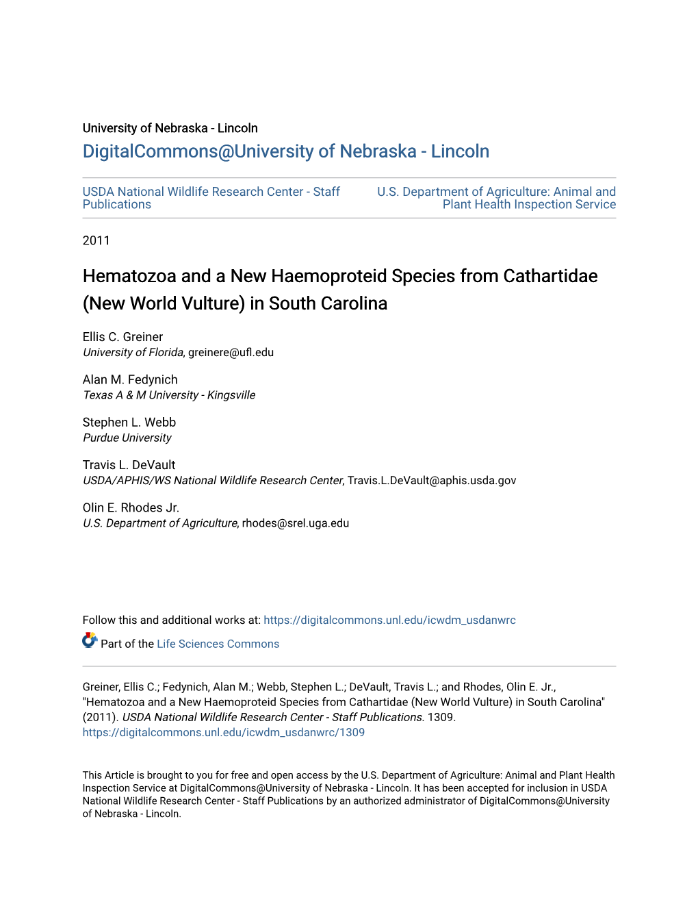 Hematozoa and a New Haemoproteid Species from Cathartidae (New World Vulture) in South Carolina