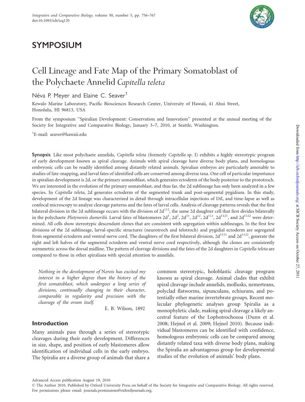 Cell Lineage and Fate Map of the Primary Somatoblast of the Polychaete Annelid Capitella Teleta Ne´Va P