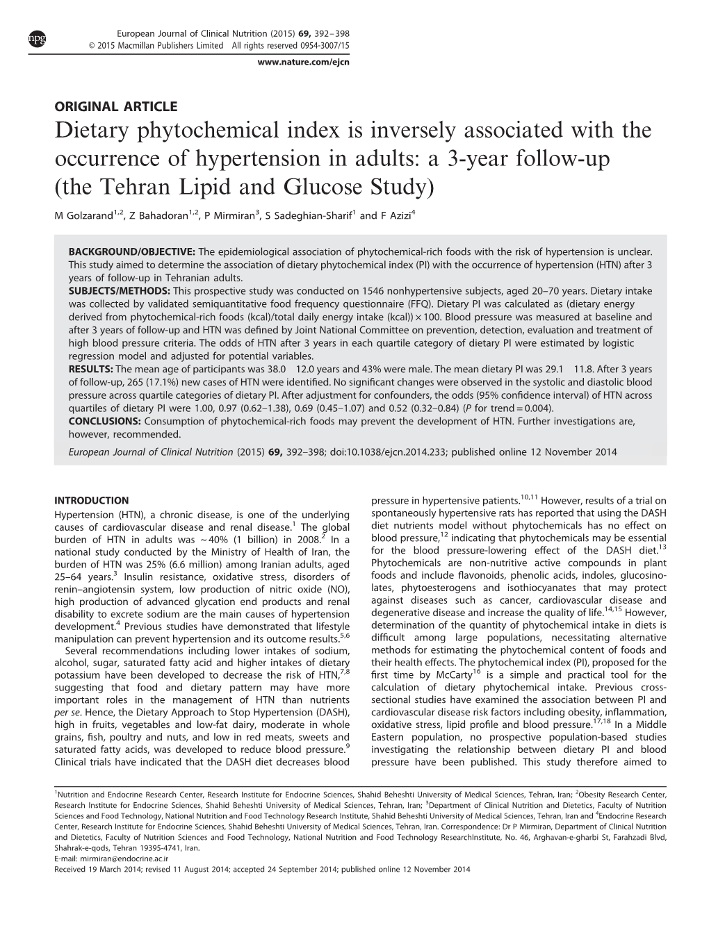 Dietary Phytochemical Index Is Inversely Associated with the Occurrence of Hypertension in Adults: a 3-Year Follow-Up (The Tehran Lipid and Glucose Study)