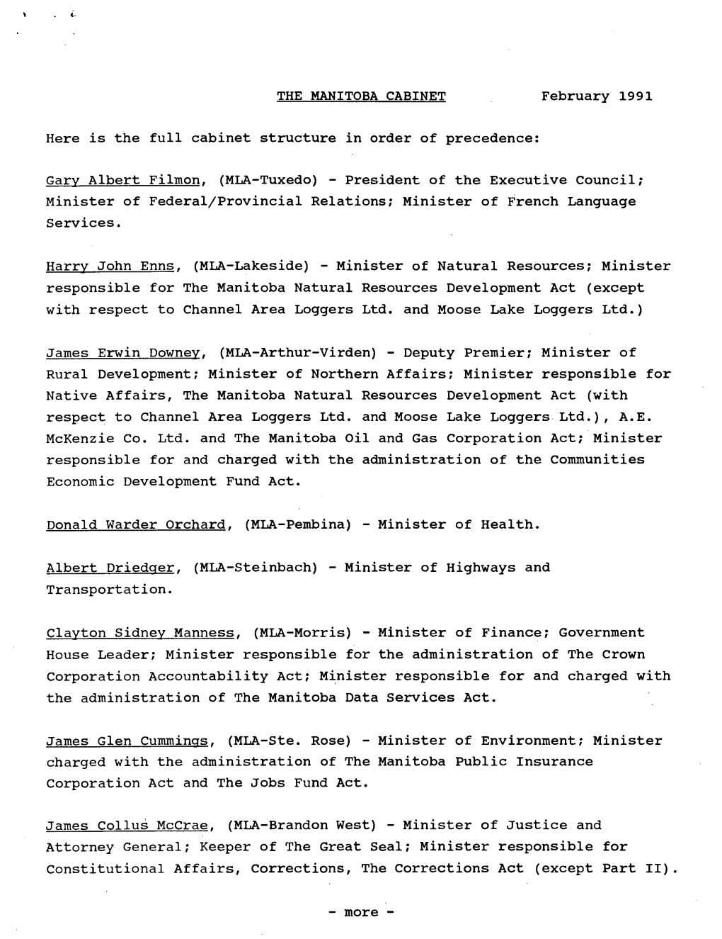 THE MANITOBA CABINET� February 1991