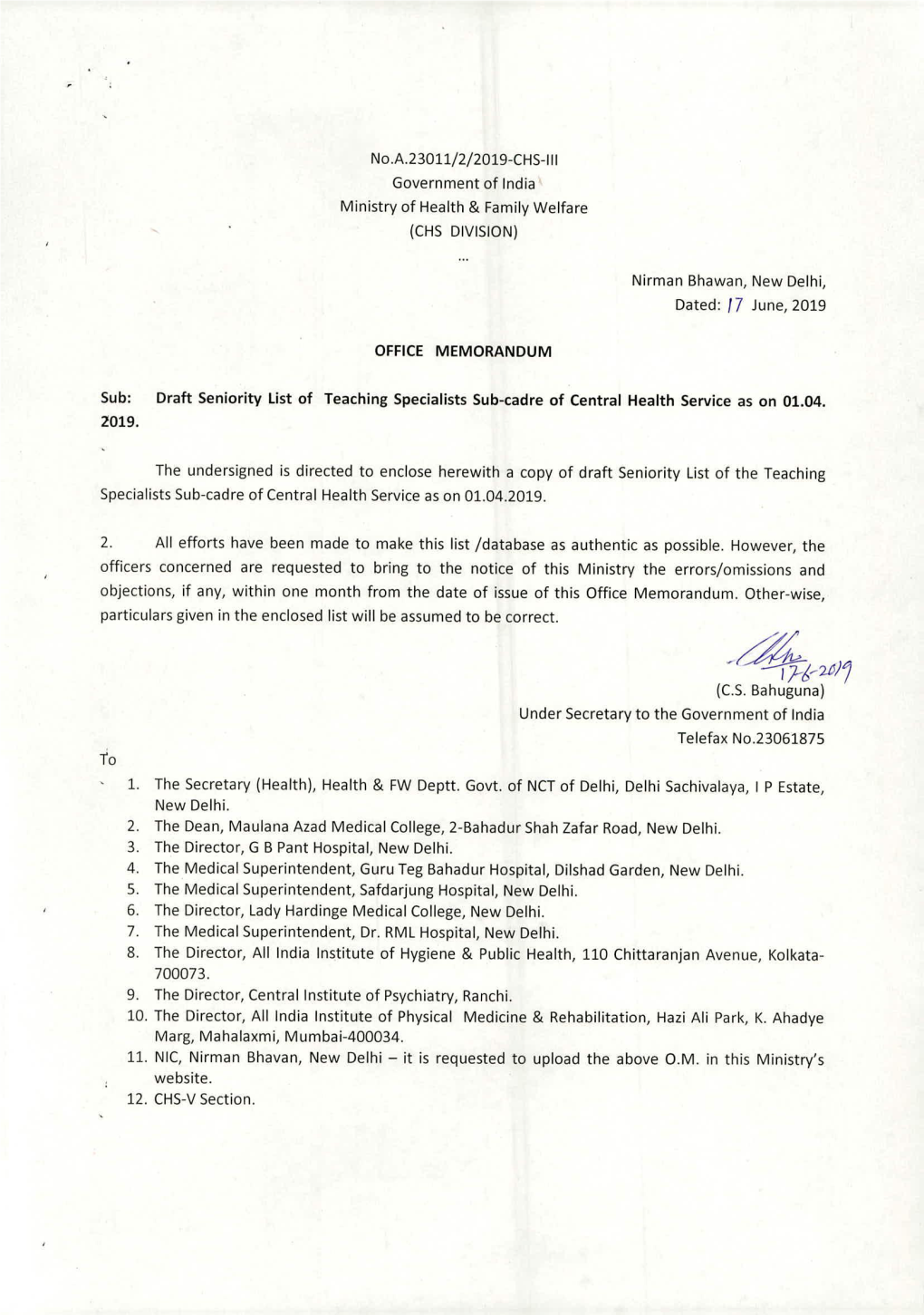 No.A.23011/2/2019-CHS-III Government of India Ministry of Health & Family Welfare (CHS DIVISION)