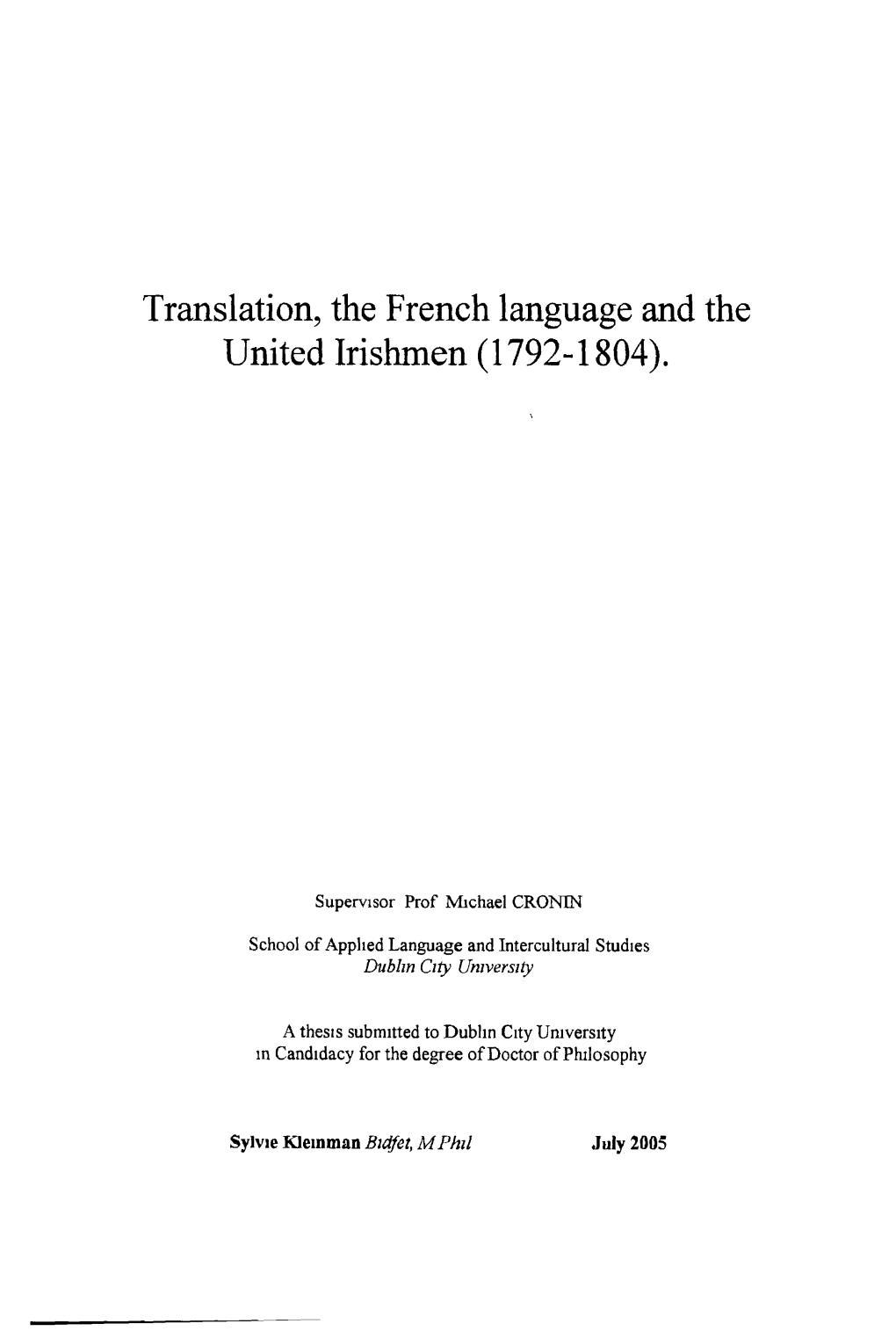 Translation, the French Language and the United Irishmen (1792-1804)