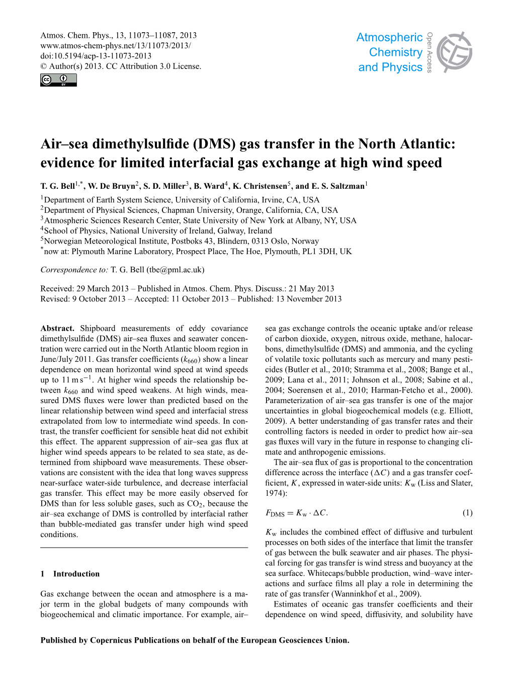 Air–Sea Dimethylsulfide (DMS) Gas Transfer in the North Atlantic