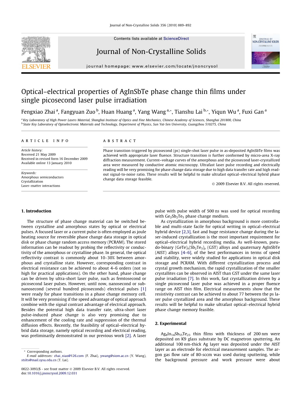 Optical–Electrical Properties of Aginsbte Phase Change Thin Films